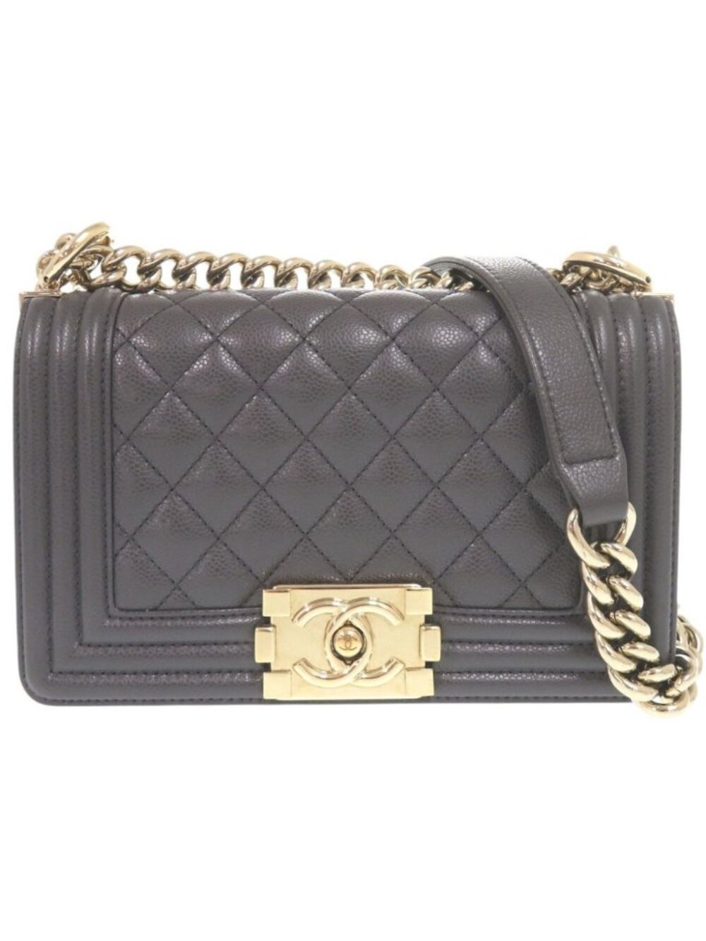 Chanel Boy CC Logo Caviar Leather Gold Gray Chain Shoulder Bag